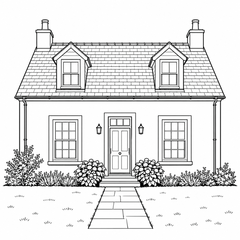 Detailed architectural line drawing of the same cottage