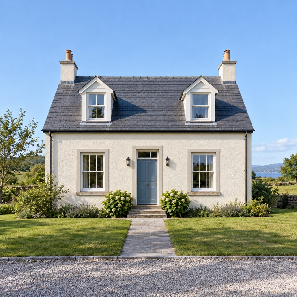 AI-generated photo of a cottage with a pitched roof and blue front door