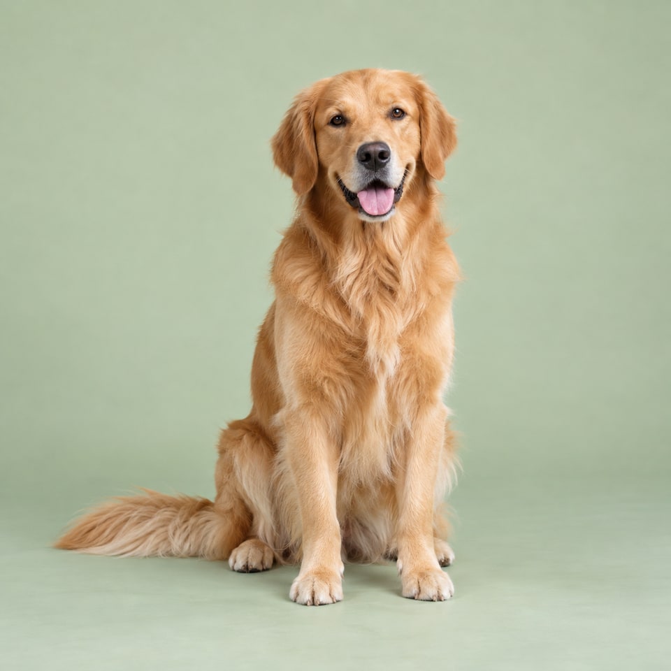 AI-generated photo of a golden retriever sitting against a sage background