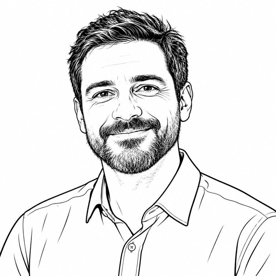 Detailed black-and-white line drawing of the same man